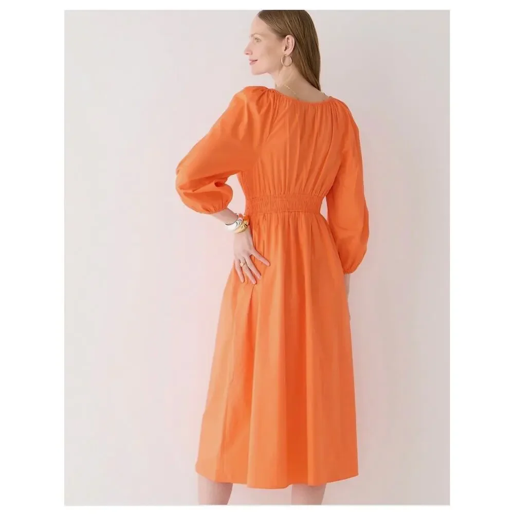 NWT J. CREW Orange Cotton Poplin V Neck Smocked Waist Midi Dress Size XS Boho